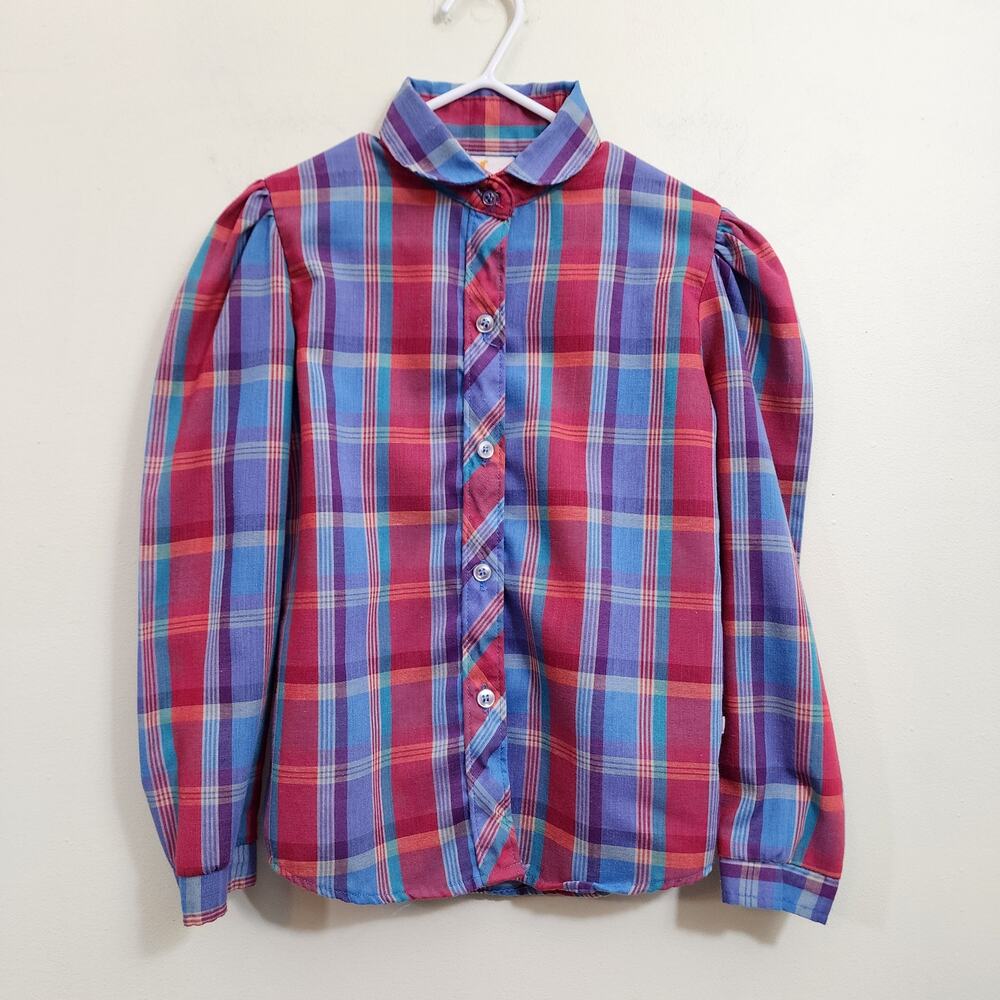 Vintage Wrangler kids long puff sleeve plaid button front shirt girl's size 6